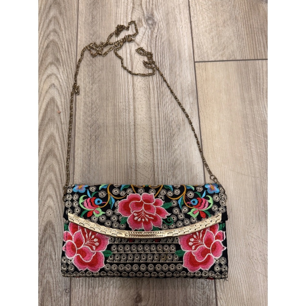 Vintage Colorful Beaded Floral Embroidered Crossbody Clutch Bag Black Gold Trim